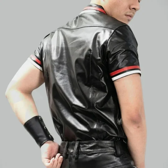 Back view of a fitted mens leather polo shirt showing smooth lambskin finish and tailored shoulder seams