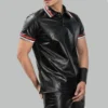 Left side angle of a mens leather polo shirt displaying slim fit profile, short sleeve edge, and leather texture detail