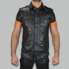Mens short sleeve leather shirt with bold orange stripe, front view