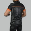 Back view of mens short sleeve leather shirt showing orange stripe detailing