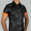 Man wearing black short sleeve leather shirt with orange stripe in lifestyle pose