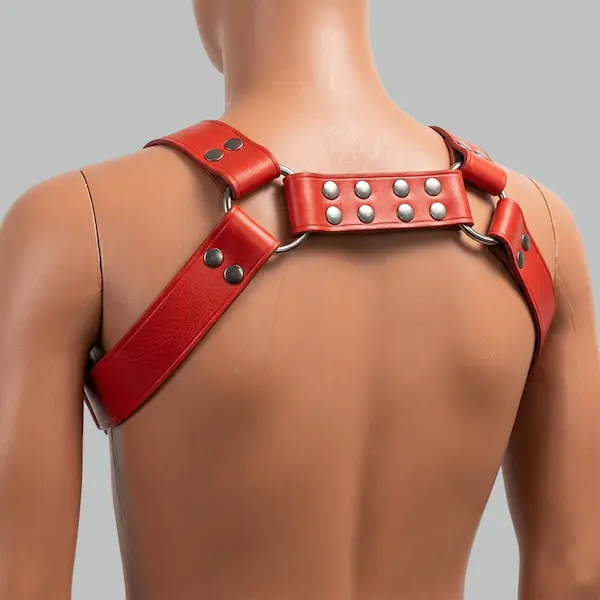 Back view of a mens red leather harness showing rear strap construction, crossover design, and metal hardware