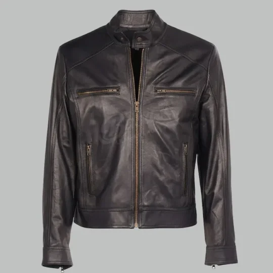 Black Classic Leather Jacket front view showing zip closure and collar