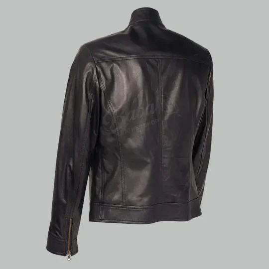 Black Classic Leather Jacket back view showing panel stitching and fit