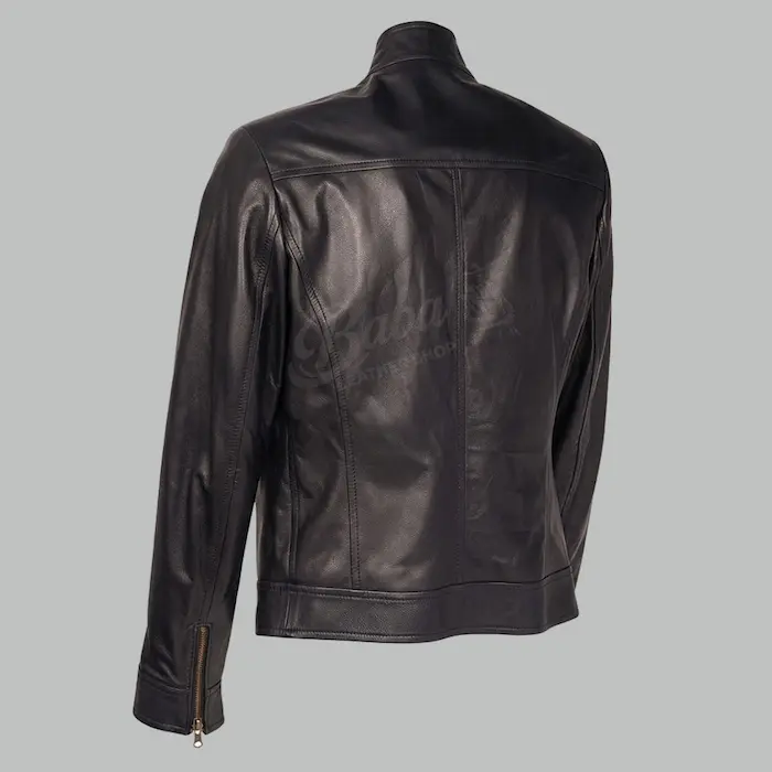 Black Classic Leather Jacket back view showing panel stitching and fit