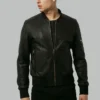 Black leather bomber jacket, front view, zipped closed with ribbed collar and cuffs