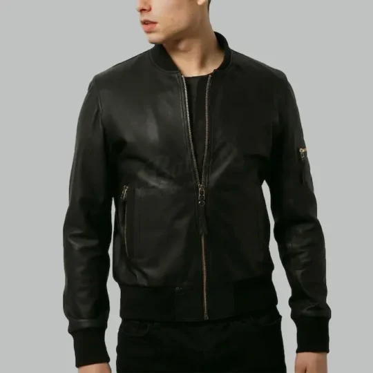 Black leather bomber jacket, front view, zipped closed with ribbed collar and cuffs