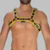 Leather harness for men with adjustable straps and buckle closures, front view