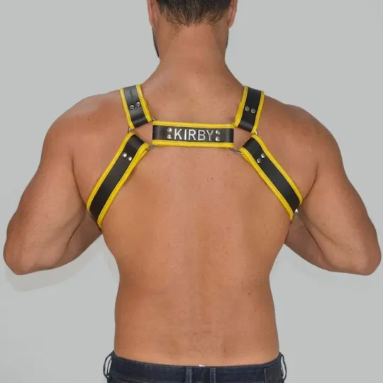 Back view of leather body harness showing strap crossover and adjustment buckles