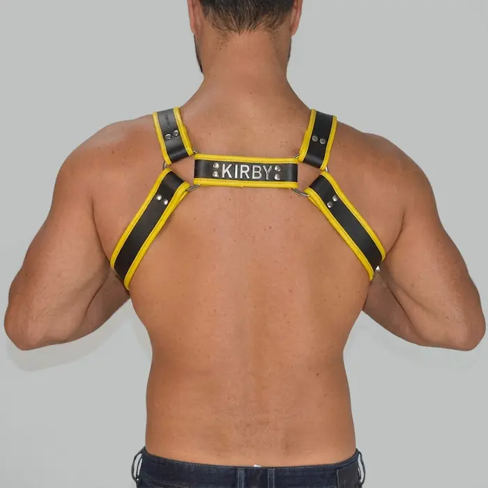 Back view of leather body harness showing strap crossover and adjustment buckles