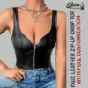 Black leather zip-up crop top, front view, on model