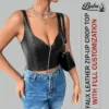 Leather zip-up crop top styled with high-waisted jeans