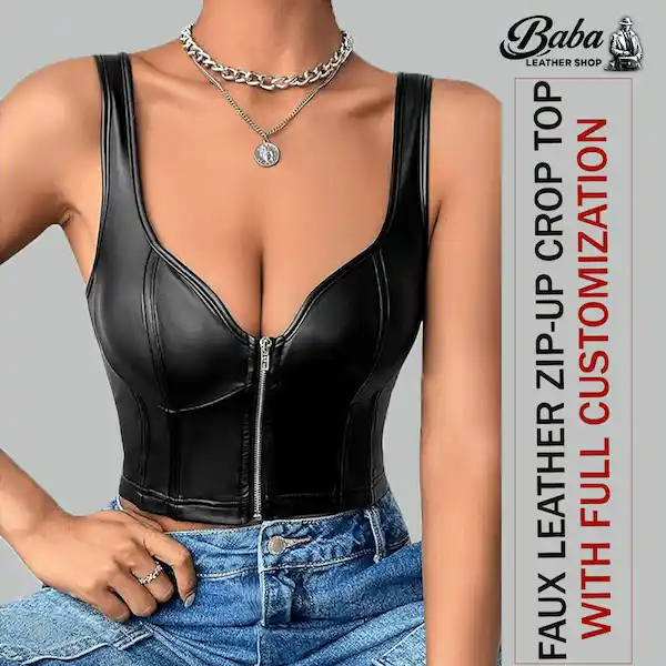 Black leather zip-up crop top, front view, on model