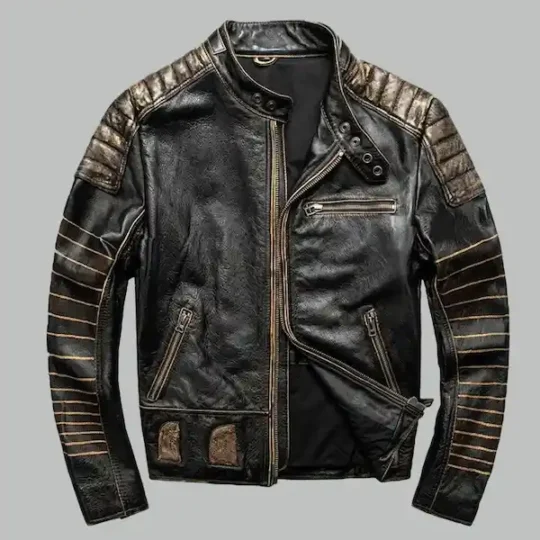 Vintage leather jacket for men front view in black genuine leather