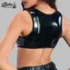 Back view of a sleek black leather lace up top revealing a smooth, solid high-gloss panel.