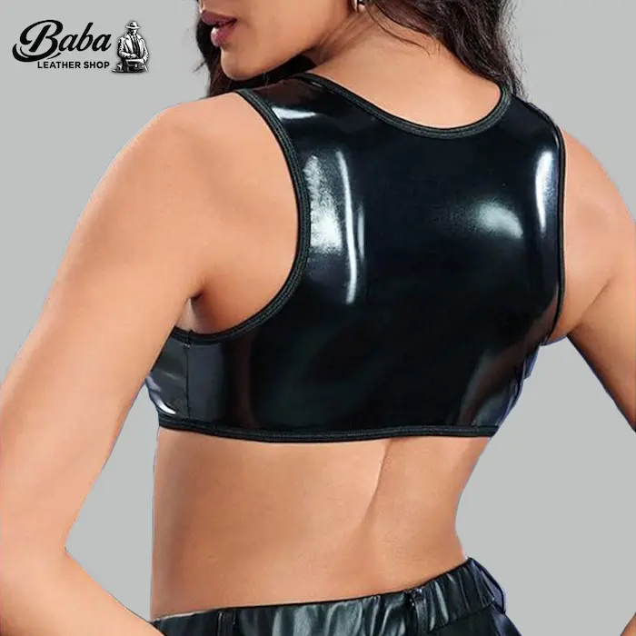 Back view of a sleek black leather lace up top revealing a smooth, solid high-gloss panel.
