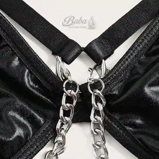 Close-up of metal chain detail on Leather Bra With Chains