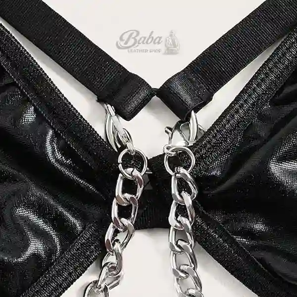 Close-up of metal chain detail on Leather Bra With Chains