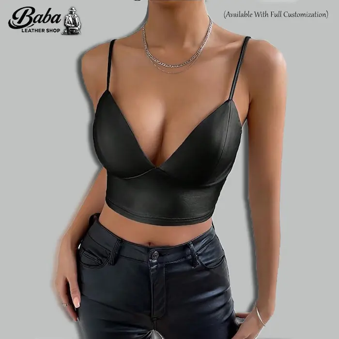 Leather V Neck Crop Top – Genuine Leather Women’s Fashion