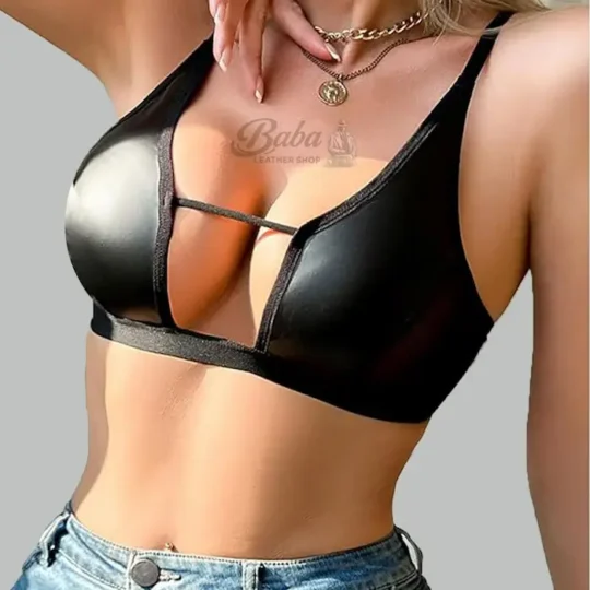 Leather push up bra cup detail showing hand-stitched construction