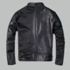 Back view of black leather jacket with quilted sleeve details