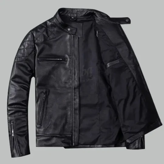 Black leather jacket with quilted shoulder details and zip pockets