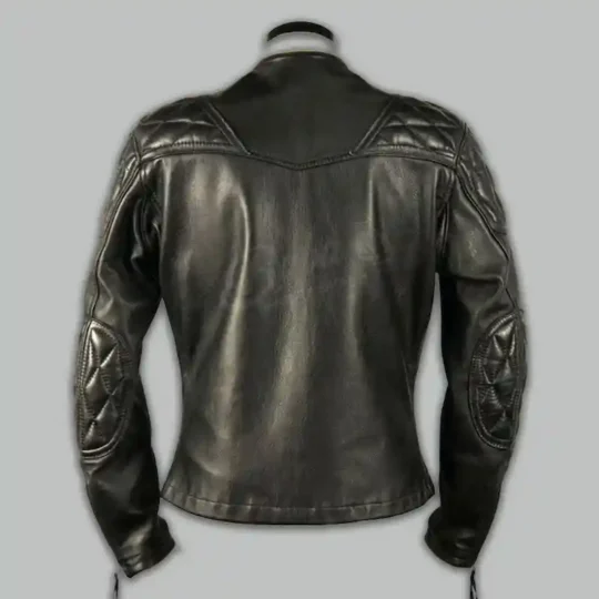 Black leather racing jacket back view with quilted shoulder and elbow panels