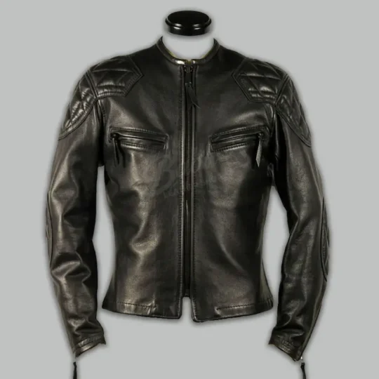 Black leather racing jacket front view with quilted shoulder panels and chest pockets
