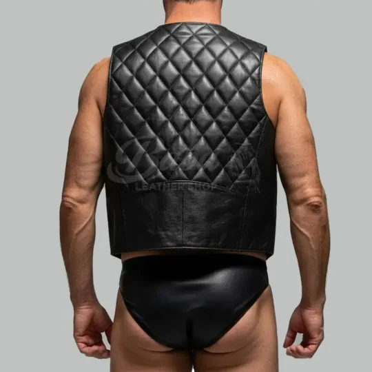 Black leather vest for men rear view