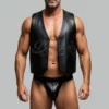 Black leather vest for men styled with matching leather brief sleeveless faux leather waistcoat with front pockets and clean stitching.