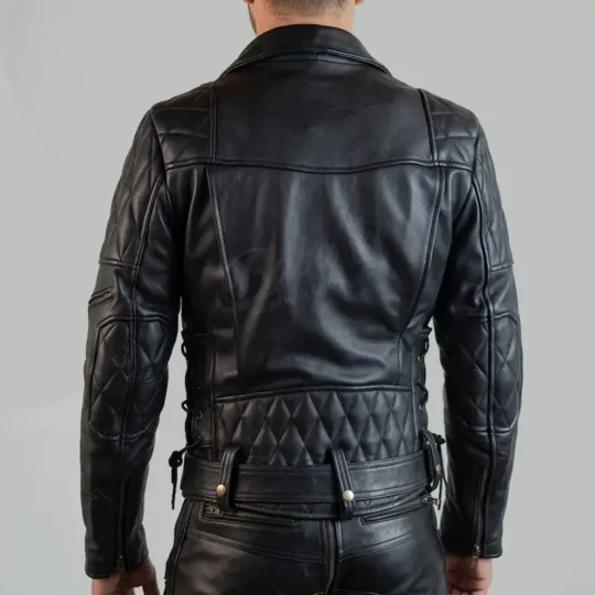 Black Quilted Leather Biker Jacket back view with quilted shoulders, sleeves, and waist panel