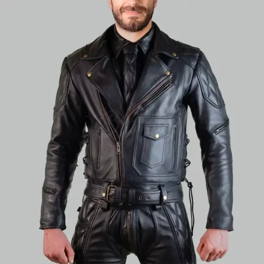 Black Quilted Leather Biker Jacket front view with zippered design and belt