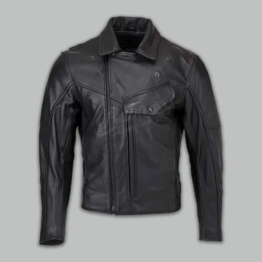 Casual Leather Jacket for Men in black with front zipper and chest pocket