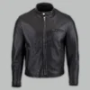 Black leather racer motorcycle jacket front view with zip closure and standing collar