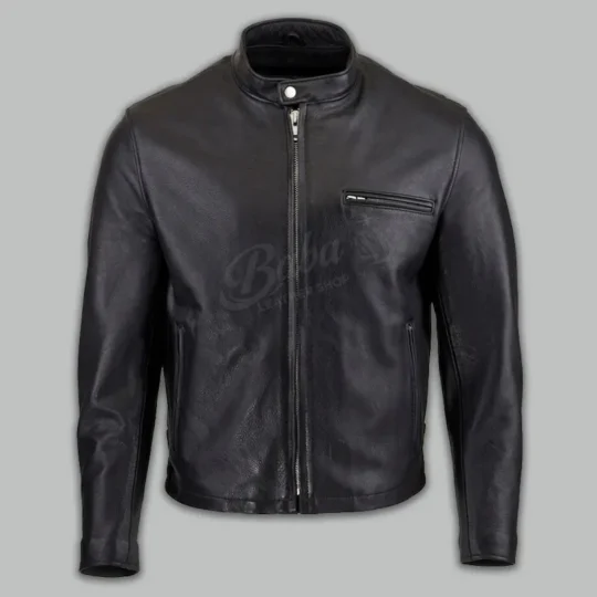 Black leather racer motorcycle jacket front view with zip closure and standing collar