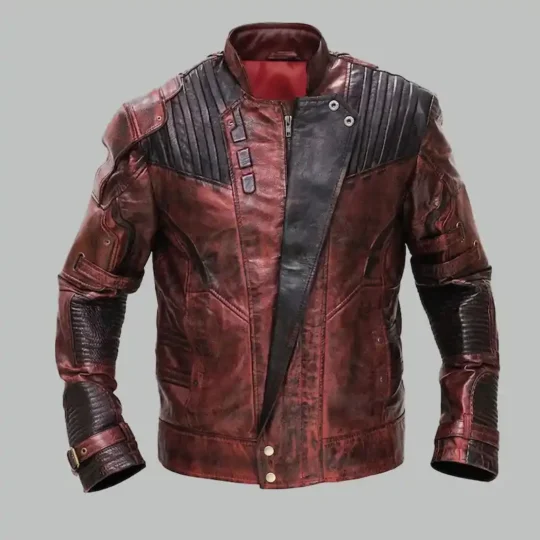 Guardians of Galaxy Leather Jacket front view in distressed red and black leather with asymmetrical zip closure
