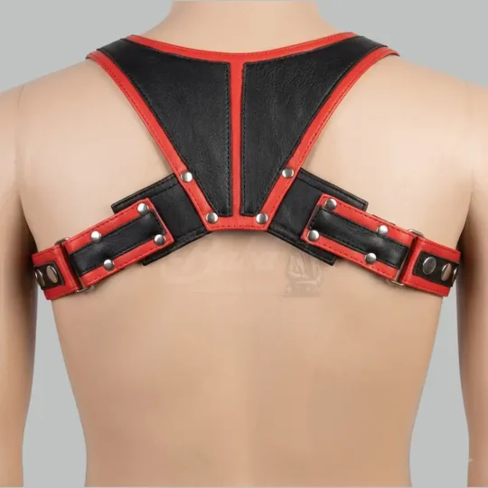 Leather Shoulder Harness back view in red and black leather