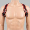 Leather Shoulder Harness front view with red and black leather straps