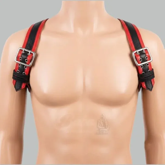Leather Shoulder Harness front view with red and black leather straps
