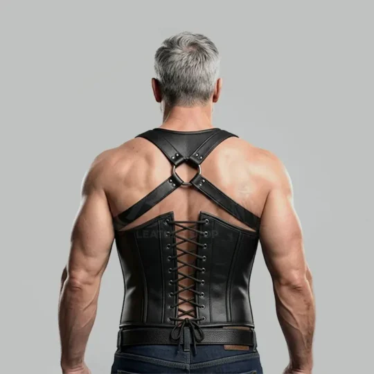 Black leather harness vest back view cross-strap shoulder harness with lace-up corset back panel