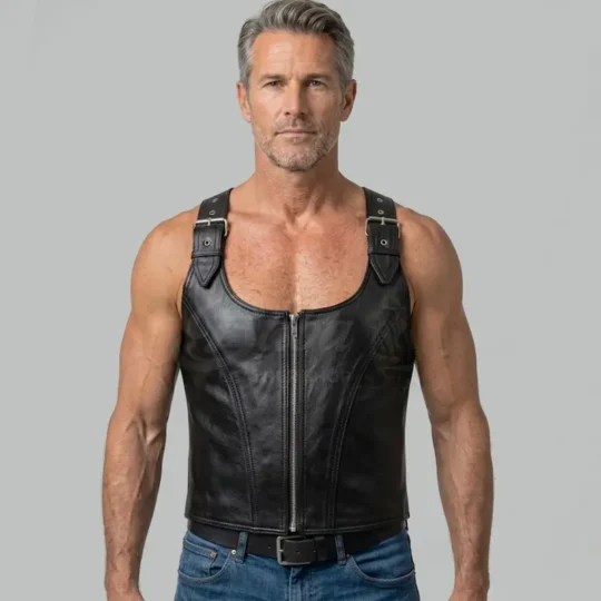 Leather Harness Vest front view with adjustable shoulder straps and front zipper