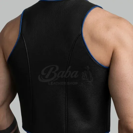 Mens Black Leather Vest back view