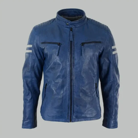 Mens Blue Leather Jacket front view with white sleeve stripes