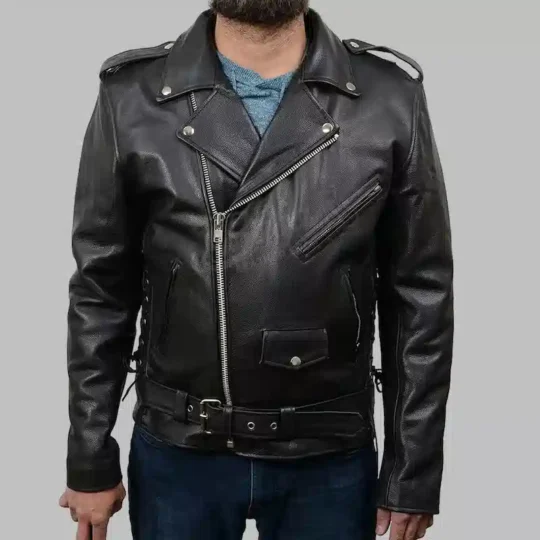 Mens Brando leather jacket with asymmetrical zipper, lapel collar and waist belt