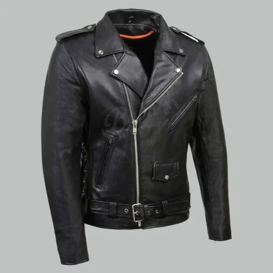 Mens Brando Leather Jacket in black, three quarter front view with asymmetrical zipper and belt