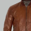 Mens Brown Bomber Jacket Close Up View - Quilted Shoulder Leather Detail