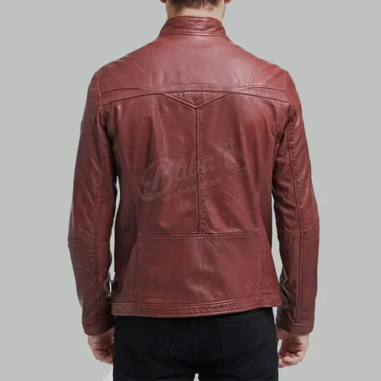 Mens burgundy leather jacket back view with band collar and panel seams