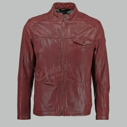 Mens burgundy leather jacket front view with band collar and zip closure