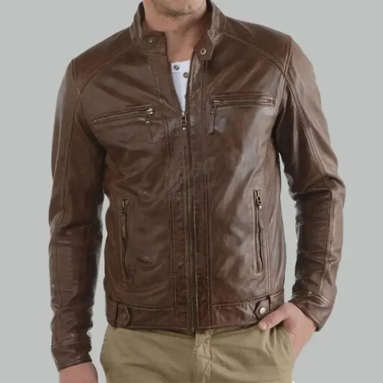 Mens brown distressed leather jacket with zippered pockets and stand collar