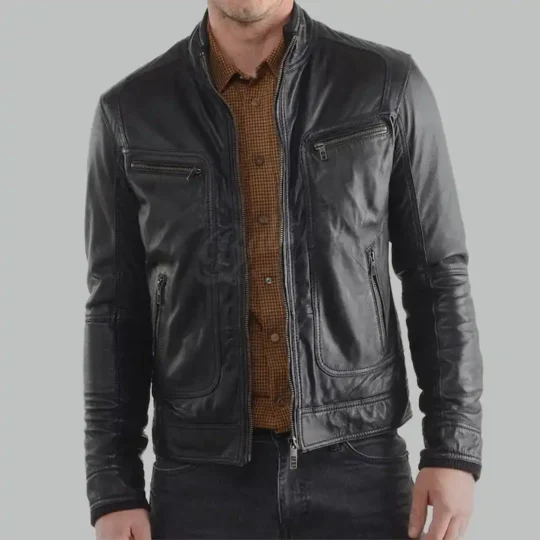 Mens Genuine Leather Jacket black front view with zippered pockets